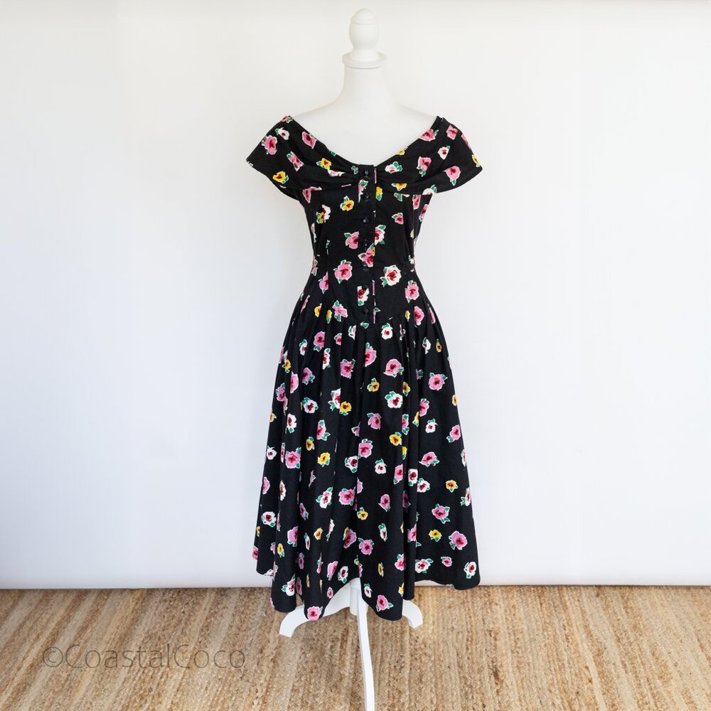 Vintage Patty O’Neal Floral Off Shoulder Fit & Flare Dress 4 Whimsical Tea Derby
